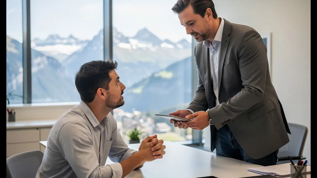 Conseiller immobilier présentant des informations sur tablette à un client dans un bureau moderne avec vue montagne