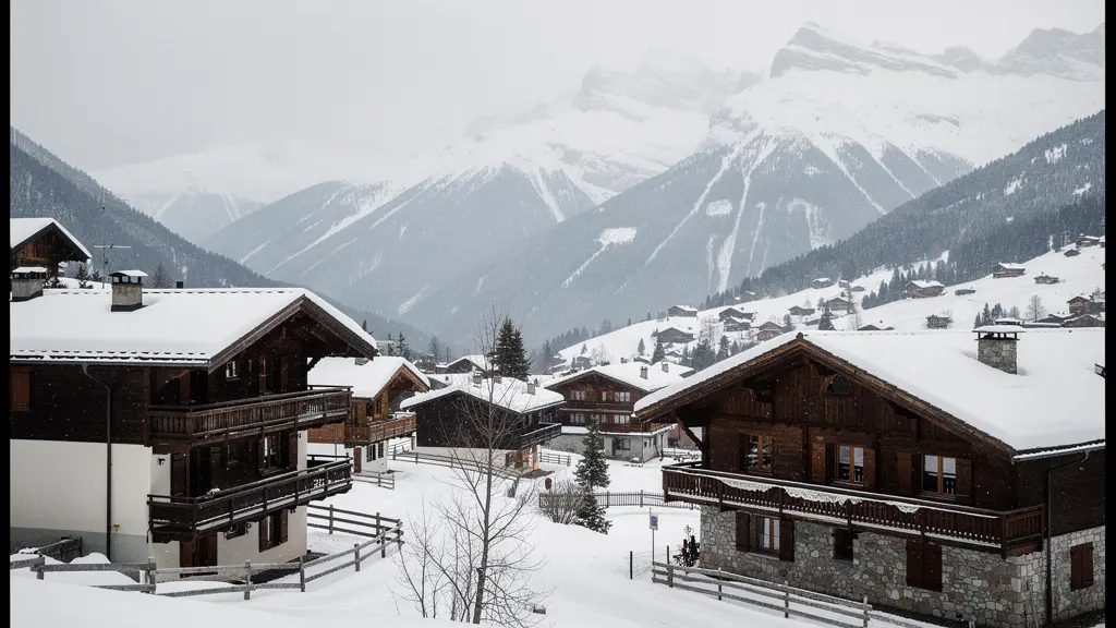 Vue panoramique de Crans-Montana avec chalets traditionnels et sommets enneigés du Valais